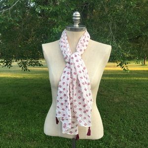 Pretty Lightweight BOHO Style Ivory Maroon Fan Scarf with Tassels 1603